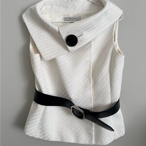 Tahari Textured White Top with wide elegant boat neckline and Black Belt.